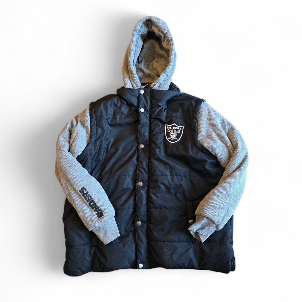 NFL Pro Line Raiders Puffer Jacket Mens XL Black Gray Hybrid Hoodie Snap & Zip